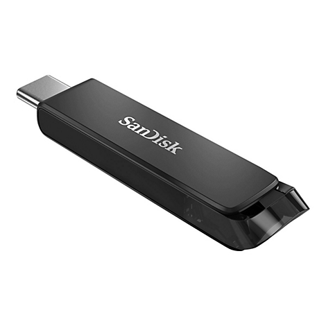 Schwarzer USB-Stick mit silbernem Anschluss. 'SanDisk' ist in weißer Schrift aufgedruckt.