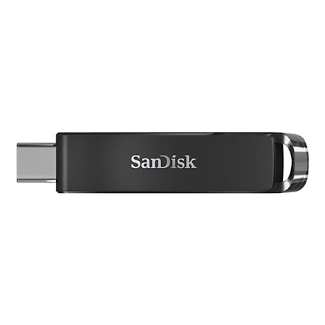 Schwarzer USB-Stick mit 'SanDisk'-Schriftzug auf weißem Hintergrund.