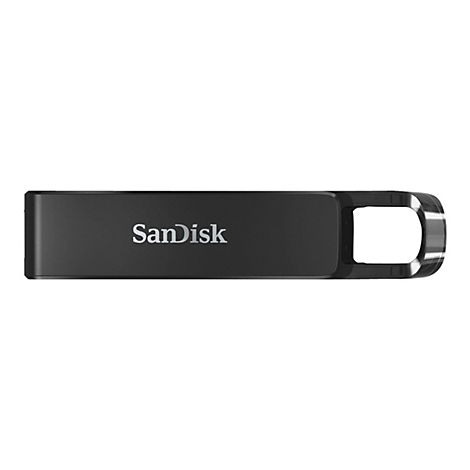 Schwarzer USB-Stick mit dem Schriftzug 'SanDisk' und einem Loch für die Aufhängung.