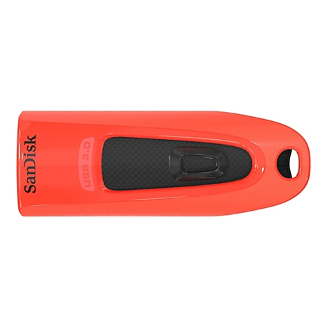 Ein roter USB-Stick der Marke SanDisk, mit schwarzem Einsatz. Auf dem Stick steht "SanDisk" und "USB 3.0".