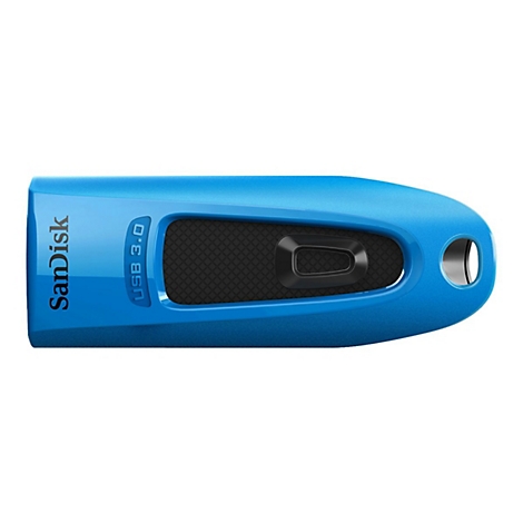 Blauer USB-Stick von Sandisk mit USB 3.0-Kennzeichnung und schwarzem Akzent.