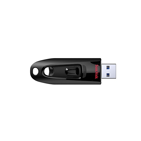 Schwarzer USB-Stick von SanDisk, auf weißem Hintergrund. Der Stick hat rote Schriftzüge und einen USB-3.0-Anschluss.