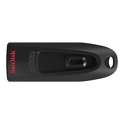 Schwarzer USB-Stick von Sandisk mit rotem Logo. USB 3.0 ist auf dem Stick angegeben, mit Öse.