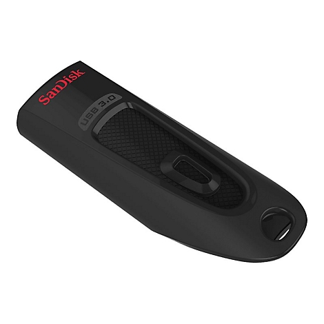 Schwarzer USB-Stick von SanDisk, rot beschriftet mit USB 3.0. Der USB-Stick hat eine Aussparung mit Muster.