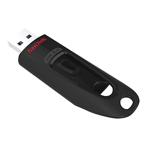 Schwarzer USB-Stick von SanDisk, mit roter Schrift, USB 3.0 und Loch für Schlüsselanhänger.