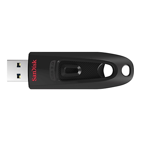 Schwarzer USB-Stick von Sandisk mit rotem Schriftzug und USB 3.0 Kennzeichnung.