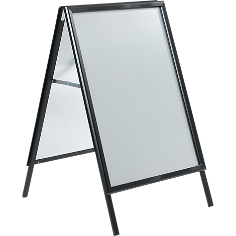 Black double-sided advertising sign with empty white surface.