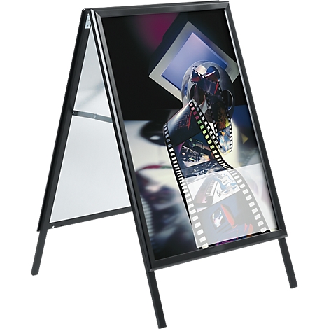 Black A-shaped advertising sign, showing a film or movie theme.