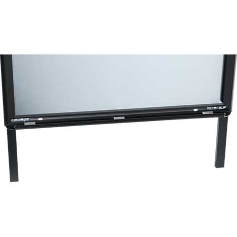 Black advertising board with silver surface, rectangular and with two legs.