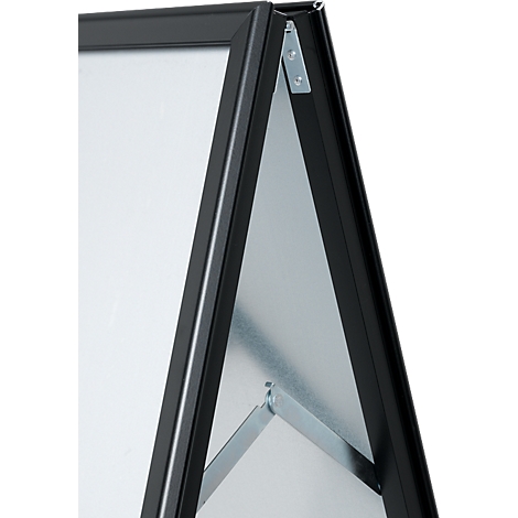 Detail of a black A-frame advertising sign. Metal brackets and frame. White interior, sharp edges.