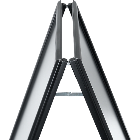 Black, two-sided sidewalk sign opened at an angle. A metal foot stabilizes it.