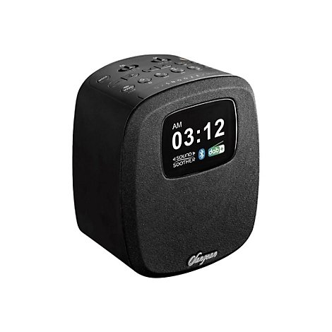 Schwarzes Digitalradio mit Weckerfunktion, LCD-Display zeigt 03:12, DAB+ und Bluetooth-Logo.