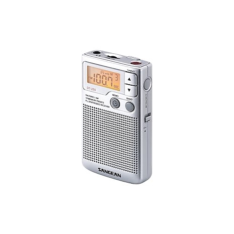 Silbernes Sangean Taschenradio mit digitalem Display und Tasten vor weißem Hintergrund.