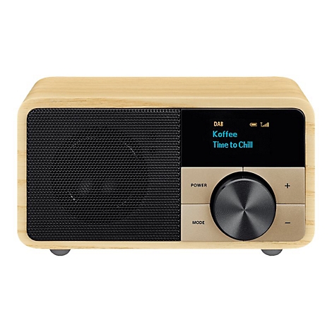 Kompaktes Digitalradio mit Holzgehäuse, schwarzem Lautsprechergitter und Displayanzeige Time to Chill.