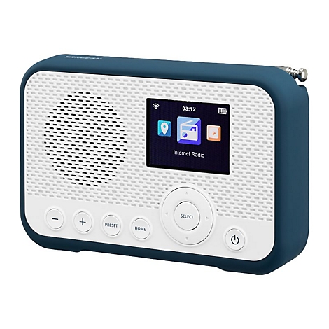 Blau-weißes Sangean Internetradio mit Display, Lautsprechergitter und Bedienknöpfen auf weißer Front.