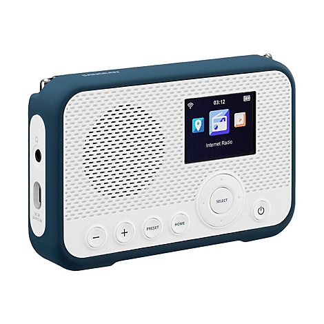 Dunkelblaues Sangean Internetradio mit weißer Front, Lautsprechergitter, Digitaldisplay und Bedienelementen.