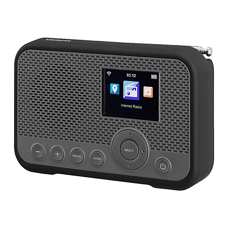 Schwarzes Sangean Internetradio mit Display, Tasten und Frontgitter vor weißem Hintergrund.