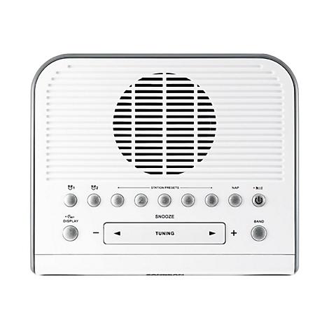 WeiÃŸes Radio mit rundem Lautsprechergitter. KnÃ¶pfe fÃ¼r Snooze, Tuning, Stationen und Display.