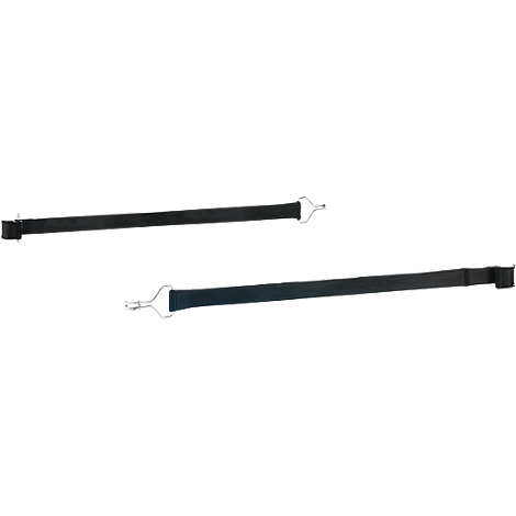 Deux sangles noires avec crochets métalliques, sur fond blanc.