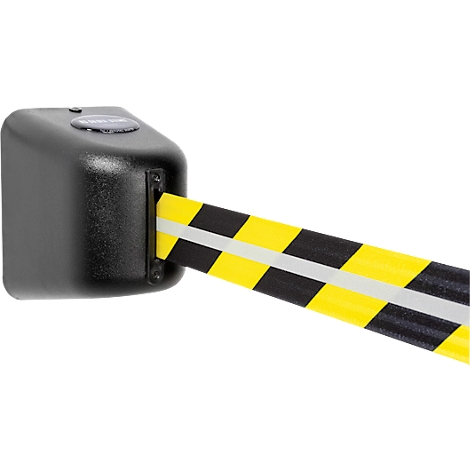 Boîtier noir avec ruban de barrière rétractable à rayures jaunes et noires.