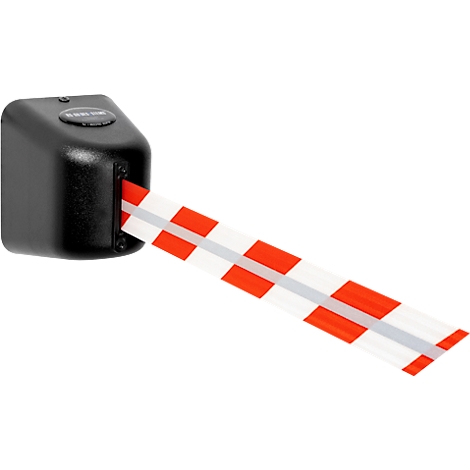 Boîtier noir avec une barrière rayée blanche et rouge pointant sur le côté.