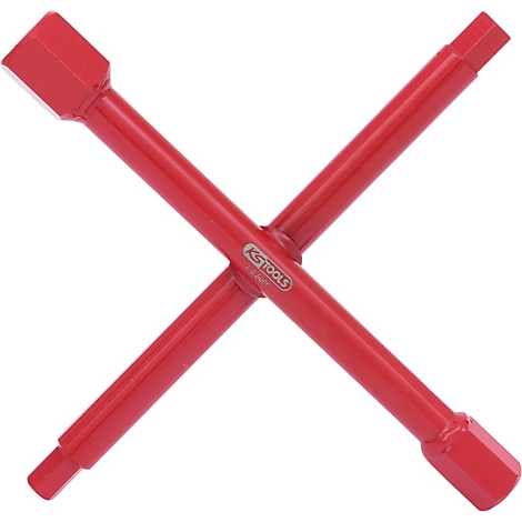 Roter, gekreuzter Radkreuzschlüssel. Das KS TOOLS Logo ist zentral zu sehen.