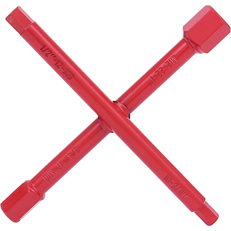 Roter Kreuzschlüssel für Reifenwechsel, mit Prägungen: 1/2 Zoll, 12-103, M12-22-1, 3 Nm und 10-3/8 Zoll.