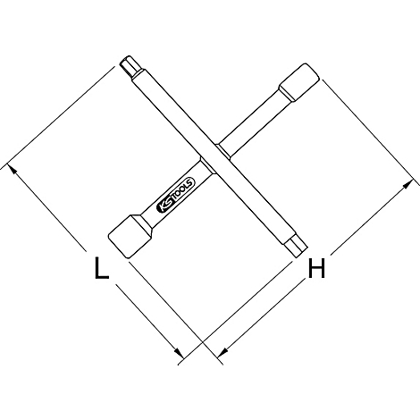 Zeichnung eines Kreuzschlüssels mit Maßlinien L und H.