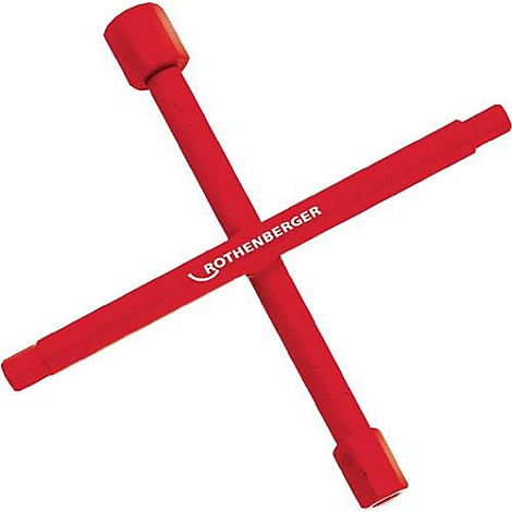 Een rode kruisvormige wielmoersleutel, met de merknaam ROTHENBERGER.