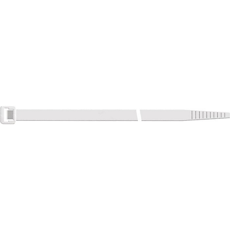 Collier de serrage blanc montrant la structure du loquet et la partie dentelée.