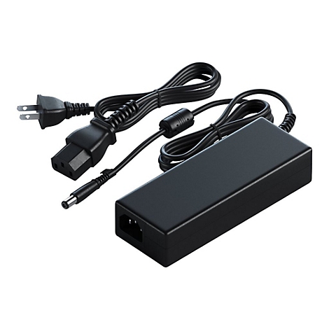Schwarzes Netzteil mit Kabeln. Der Stecker, das Netzkabel und der DC-Ausgang sind sichtbar.