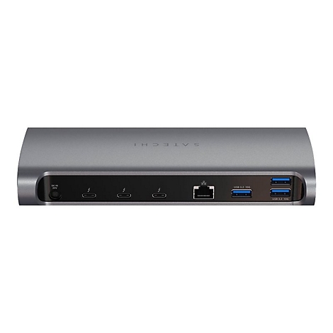 Silberne Dockingstation mit mehreren AnschlÃ¼ssen wie USB, HDMI, Ethernet und Strom. Aufschrift: Satechi.