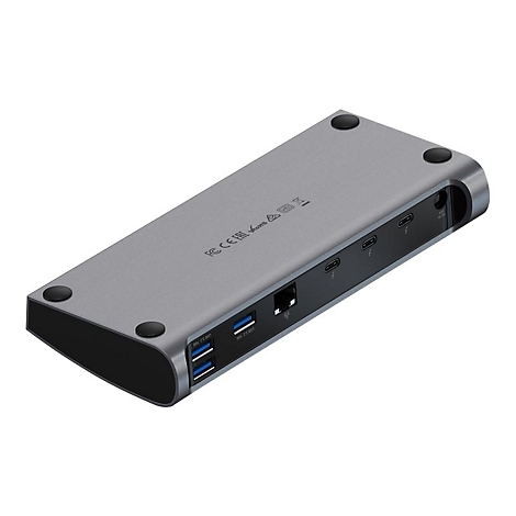Graue Dockingstation mit diversen AnschlÃ¼ssen. Oben vier schwarze FÃ¼ÃŸe, seitlich USB-Ports, Ethernet, und weitere AnschlÃ¼sse.