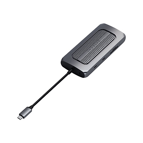 Grauer, lÃ¤nglicher USB-C-Adapter mit Kabel und der Aufschrift Satechi.
