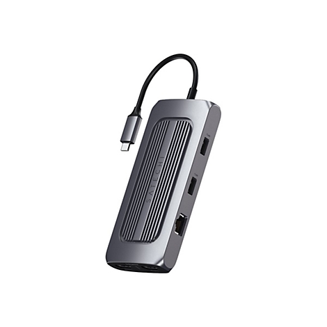 Grauer USB-C-Hub, der an ein GerÃ¤t angeschlossen ist. Das GerÃ¤t hat mehrere AnschlÃ¼sse und ein Kabel.