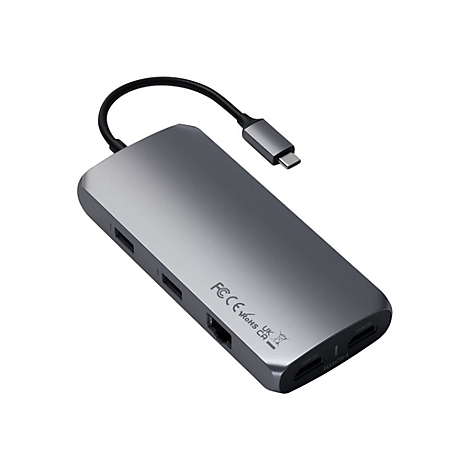 Graues USB-C-Hub mit mehreren AnschlÃ¼ssen und einem schwarzen Kabel. Auf der OberflÃ¤che befinden sich Aussparungen fÃ¼r verschiedene GerÃ¤te.