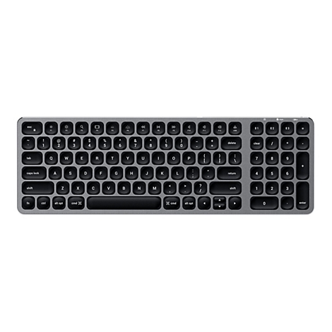 Drahtlose, silberfarbene Tastatur mit schwarzen Tasten. Buchstaben, Zahlen und Sonderzeichen sind deutlich beschriftet.