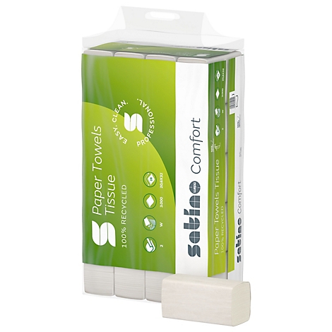 Papieren handdoeken in verpakking. Het groene etiket luidt: "Paper Towels Tissue, 100% RECYCLED".
