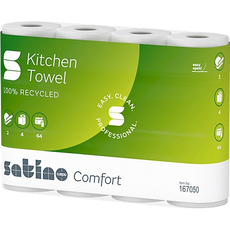 Verpakking van keukenpapier, groen-wit. Opschrift: 'Kitchen Towel', 'Satino Comfort'.