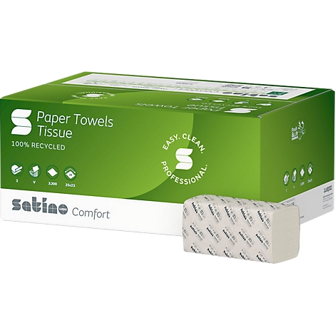 Groene papieren handdoekendoos met 'Paper Towels Tissue' opschrift en een uitgetrokken stapel papieren handdoeken.