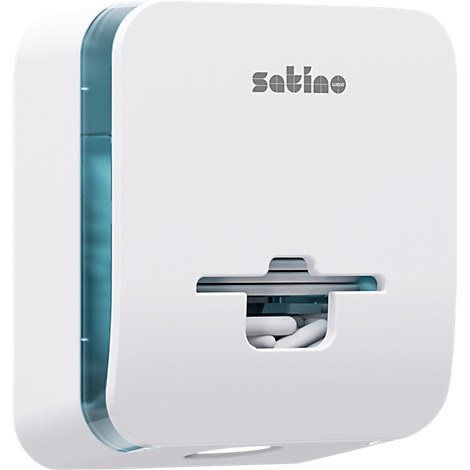 Ein weißer Medikamentenspender mit dem Wort "Satino" und einem Sichtfenster mit Pillen.