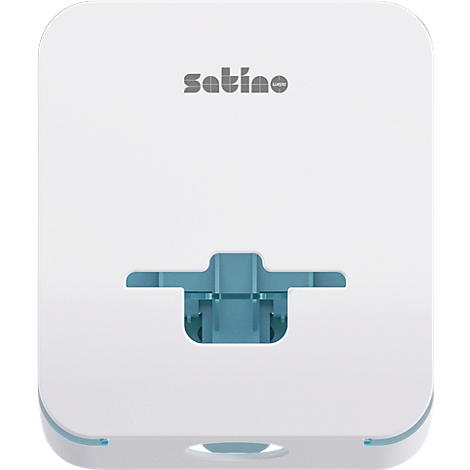Witte, rechthoekige Satino dispenser met afgeronde hoeken en een turquoise opening in het midden.