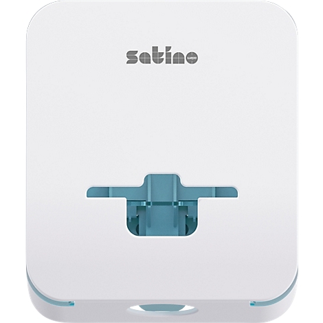 Wit rechthoekig apparaat met blauwe details. Het woord "satino" staat bovenaan.
