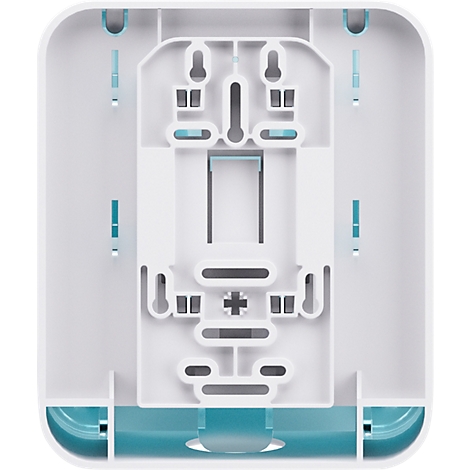 Witte wandbevestiging met blauwe accenten. Voorzien van ophangpunten en haakontwerp.