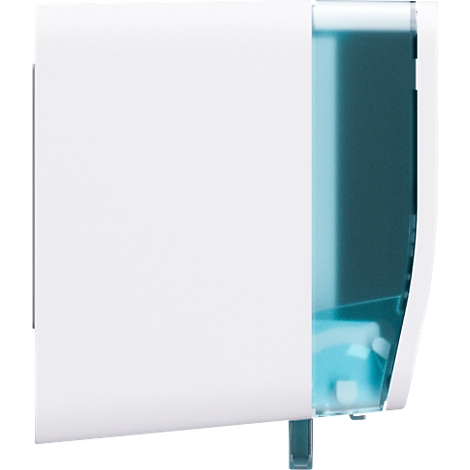 Witte wandzeepdispenser. Blauwe vloeistof zichtbaar.