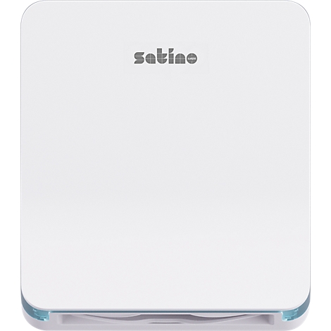 Weiße Personenwaage mit dem Schriftzug „satino“. Abgerundete Ecken und ein blauer Streifen unten.