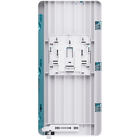 Rückseite eines weißen, rechteckigen Geräts mit einer Aufhängung und verschiedenen Anschlüssen.