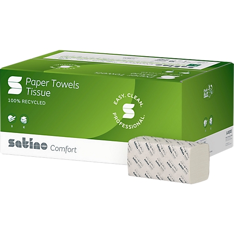 Grüne Box mit Papiertüchern der Marke Satino. Ein Stapel Papiertücher liegt davor. Schriftzüge: 'Paper Towels Tissue', '100% Recycled'.