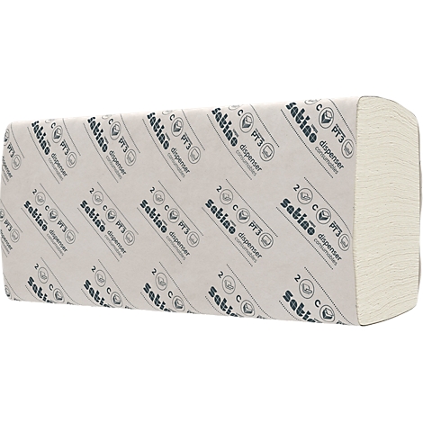 Ein Paket Papierhandtücher, eingeschlagen in Papier mit Logo-Aufdruck.