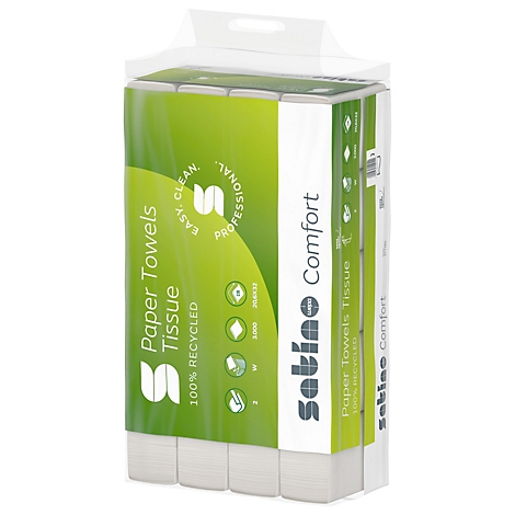 Verpackung mit Papierhandtüchern. Grün-weißes Design mit Schriftzug 'Satino Comfort'.